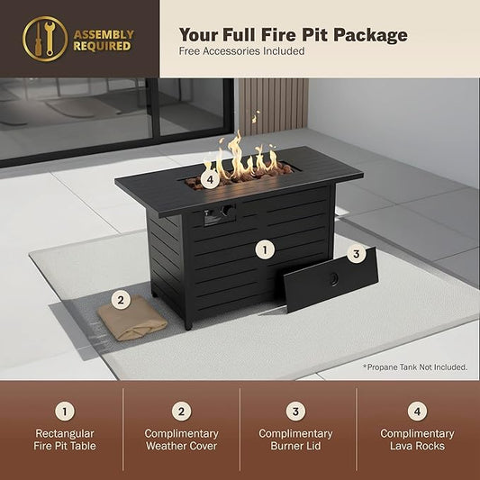 Kinger Home 42-Inch Ore Outdoor Propane Fire Pit Table 50000 BTU, CSA Certified, Powder-Coated Stainless Steel Patio Firepit with Lava Rocks, Black