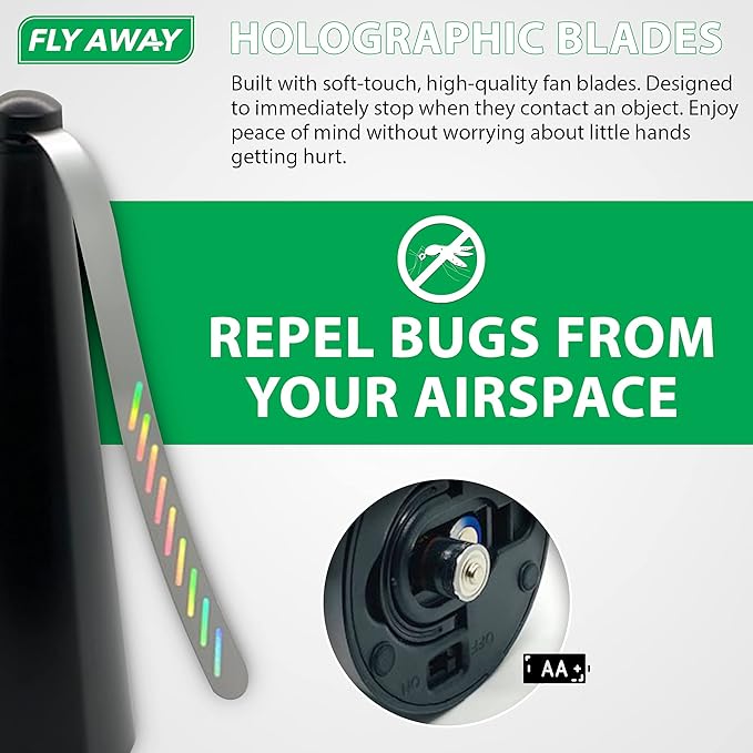 Fly Away - 2 Pack Outdoor Fly Repellent Fan, Outside or Inside Table use, Restaurant, Barbeque, Events, Deter Flies, Wasps, Bees, Other Moscas and Bugs Away, Battery Operated, Tabletop, Hanging Hook.
