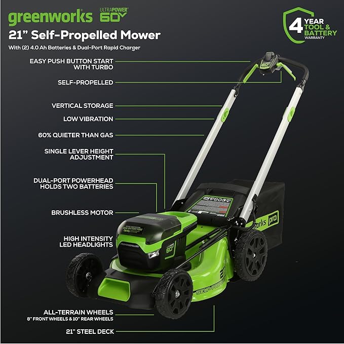Greenworks 60V 21" Self-Propelled Cordless Lawn Mower, Brushless Motor, LED Lights, Includes 2X 4.0Ah Batteries & Rapid Dual-Port Charger(75+ Tool Compatibility, 45Min Runtime)