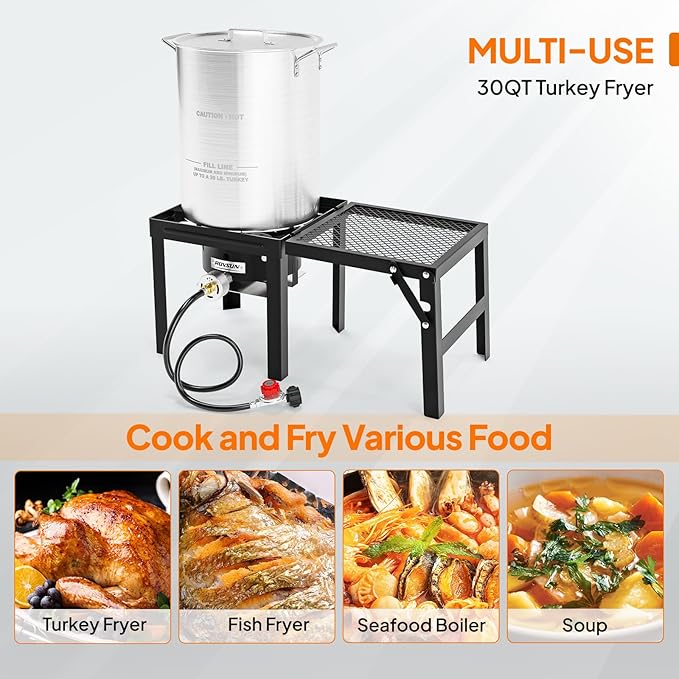 ROVSUN 30QT Turkey Fryer with 55,000BTU Propane Stove, Aluminum Deep Fryer & Seafood Crawfish Boiler Steamer with Basket, Thermometer, Marinade Injector, Turkey Rack & Rack Lifter for Outdoor Cooking