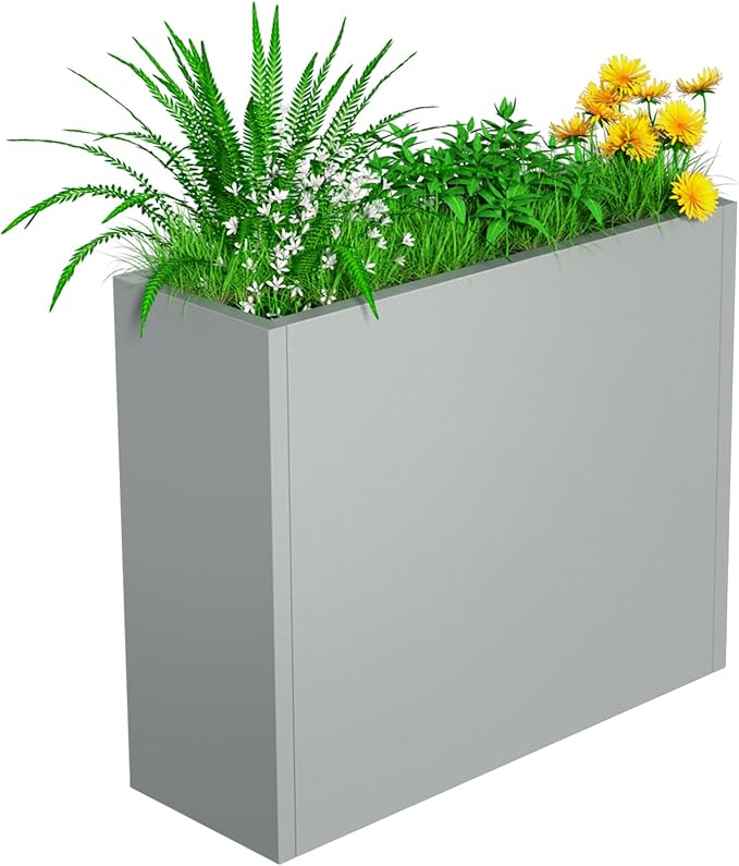 Tall Metal Planter Box, 30" L x 10" W x 24" H Large Outdoor Planters with Drainage & Adjustable Shelf, Heavy Duty Steel Rectangular Planter for Patio, Balcony, Indoor(Gray)