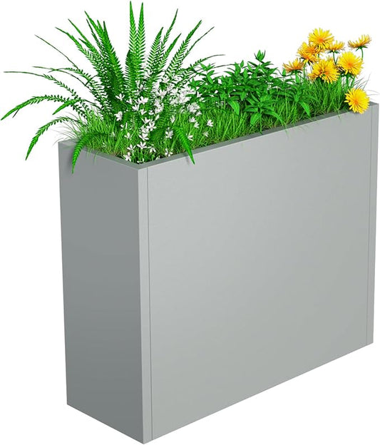 Tall Metal Planter Box, 30" L x 10" W x 24" H Large Outdoor Planters with Drainage & Adjustable Shelf, Heavy Duty Steel Rectangular Planter for Patio, Balcony, Indoor(Gray)