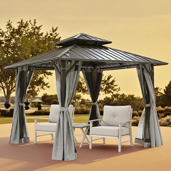 SEEHILL 12' x 12' Hardtop Gazebo, Aluminum Frame Patio Hardtop Gazebos with Netting and Curtain, Outdoor Patio Pergola, Outdoor Patio Gazebo with Double Metal Roofs for Lawns, Garden, Deck, Slate Gray