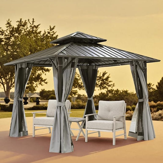 SEEHILL 12' x 12' Hardtop Gazebo, Aluminum Frame Patio Hardtop Gazebos with Netting and Curtain, Outdoor Patio Pergola, Outdoor Patio Gazebo with Double Metal Roofs for Lawns, Garden, Deck, Slate Gray