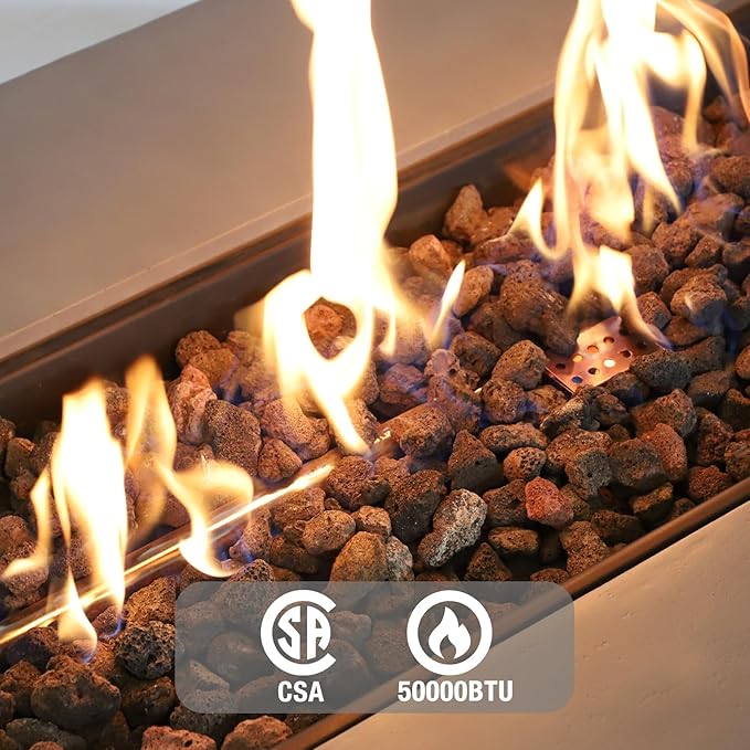 60inch Rectangle Fire Pit Table with Propane Tank Cover, 2-Piece Concrete Fire Table Outdoor 50,000 BTU Large Gas Firepits for Outside Patio with Steel Lid, Lava Rock, Rain Cover