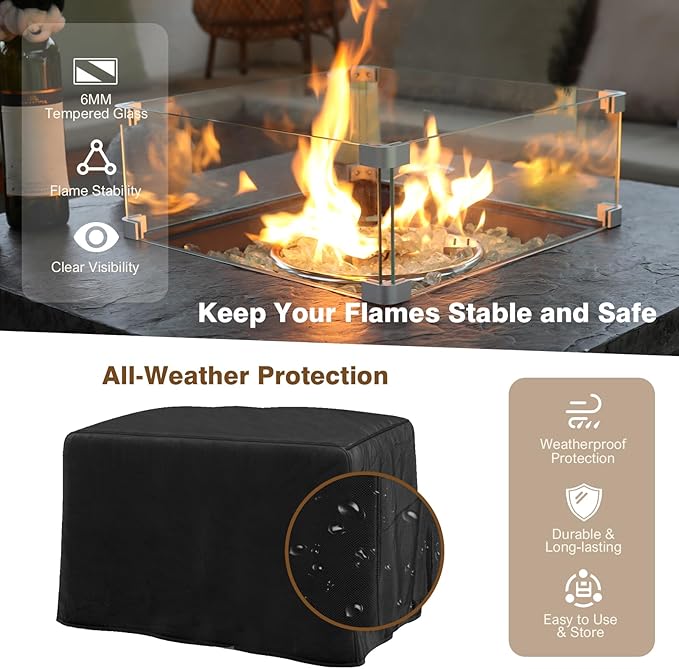 4-Piece Propane Fire Pit Table Set w Glass Wind Guard & Fire Glass Beads & Rain Cover, 35-Inch Square Outdoor Gas Fire Table 50,000 BTU for Patio, Black Terrazzo with Slate-Stone Look