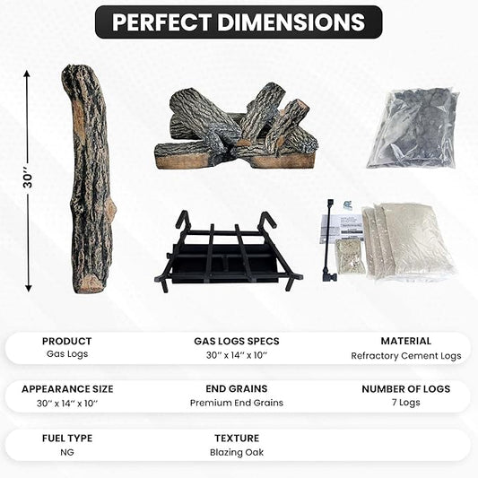 30" Premium Gas Logs - Match Light Kit Included - for Natural Gas Vented Fireplaces - Blazing Oak Design (Logs + Match Light Kit)