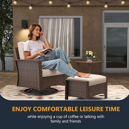 5 Pieces Outdoor Patio Furniture Set, Wicker Patio Sectional Set Conversation Wicker Swivel Chairs with Small Side Table
