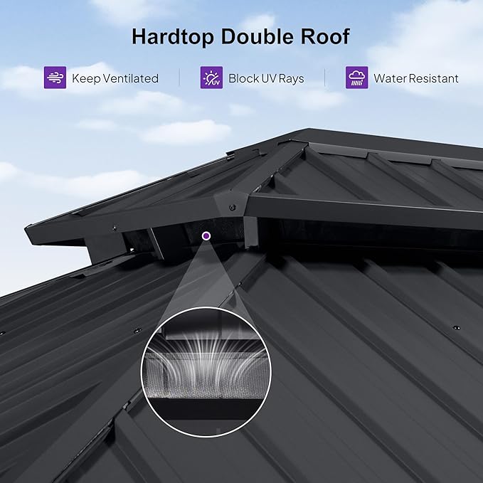 PURPLE LEAF 10'x16' Hardtop Gazebo with Lights Patio Outdoor Pavilion with Galvanized Steel Double Roof Includes Netting and Curtains for Garden Lawn Backyard Grey