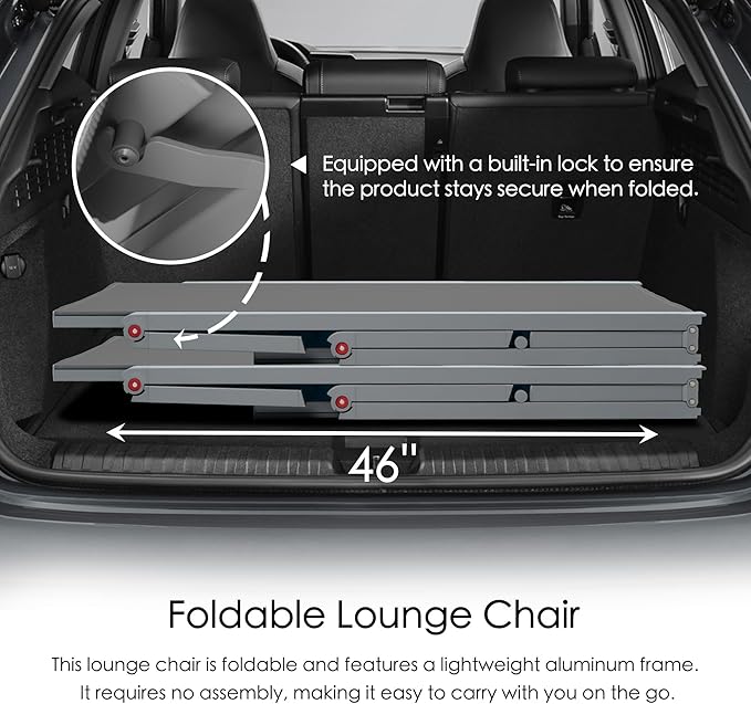 Kozyard Lounge Chair Outdoor Foldable Lounge Chair with 5 Adjustable Backrest Patio Lounger, Assemble-Free, Recliner and Full Flat Chairs for Patio Beach Pool (Gray Textilence W/O Table)