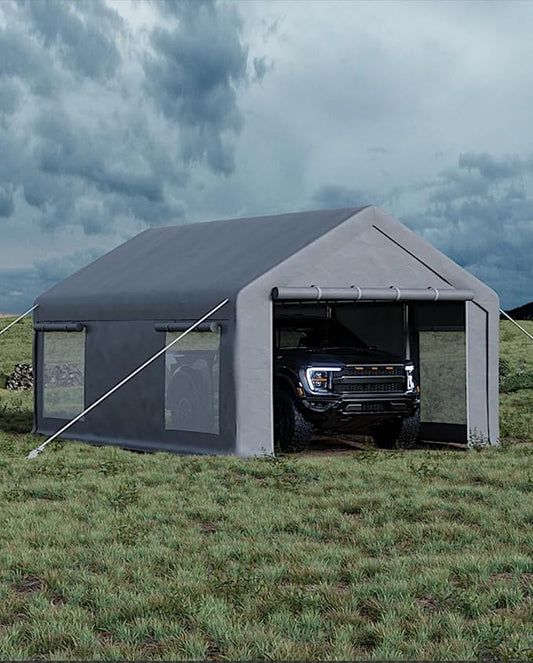 GarveeLife 10x20 ft Heavy-Duty Carport, Portable Garage with 200G Canopy Top - Waterproof and 200 Sidewall Curtains, Sandbags, and Reinforced Stakes for Carport, Outdoor Shade, and Event Use, Grey