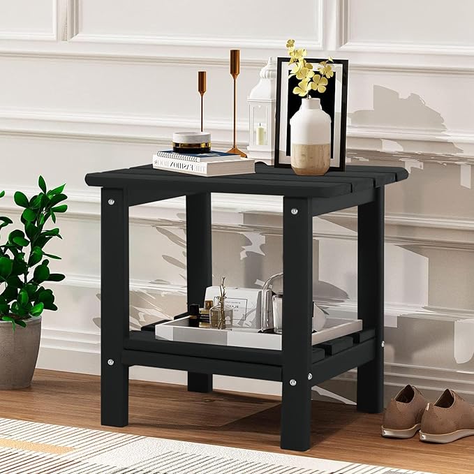 Adirondack Outdoor Side Table, 2-Tier Small Patio End Table, Weather Resistant HDPE Outdoor End Tables for Garden, Lawn, Pool, Beach, Porch, Deck, Backyard - Square, Black