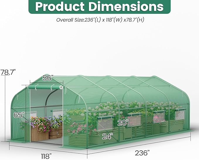 Walk-in Greenhouse 10×20×7FT, Outdoor Tunnel Greenhouse, Large Plant Hoop House for Outside, Hot House for Winter with 6 Ventilated Mesh Windows, Galvanized Steel Frame (Green, 20×10×7FT)