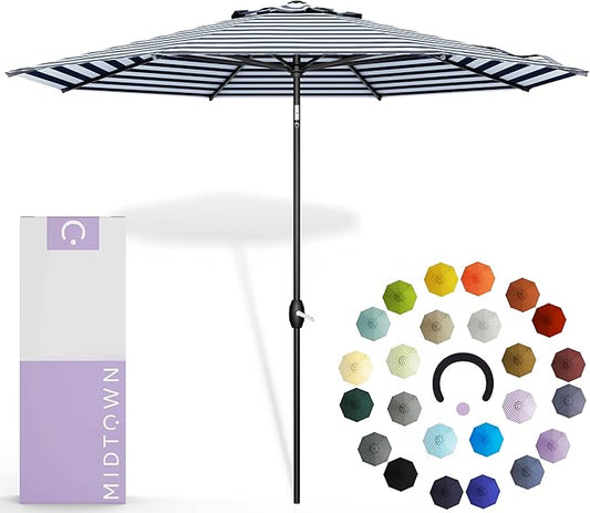 Midtown Umbrellas The Lean 9 Feet Outdoor Umbrella With Terylast Navy Stripes (Navy/White Stripes) Polyester Fabric - Auto-Tilt Aluminum Frame Patio Umbrella For Deck, Garden, Pool - Black Pole