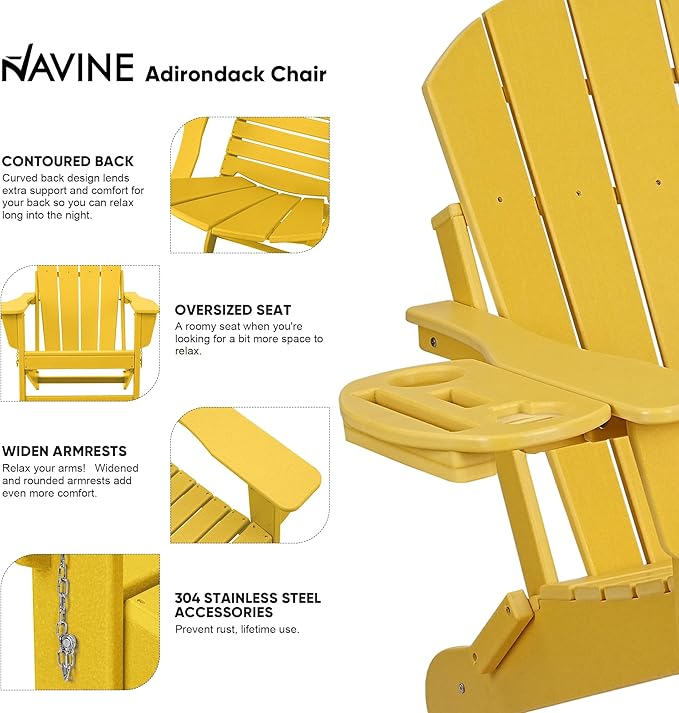 Adirondack Chair Set of 4, HDPE Folding Adirondack Chair with Multifunctional Cup Holder, Weather Resistant Fire Pit Chair for porches, patios, poolsides, Decks.