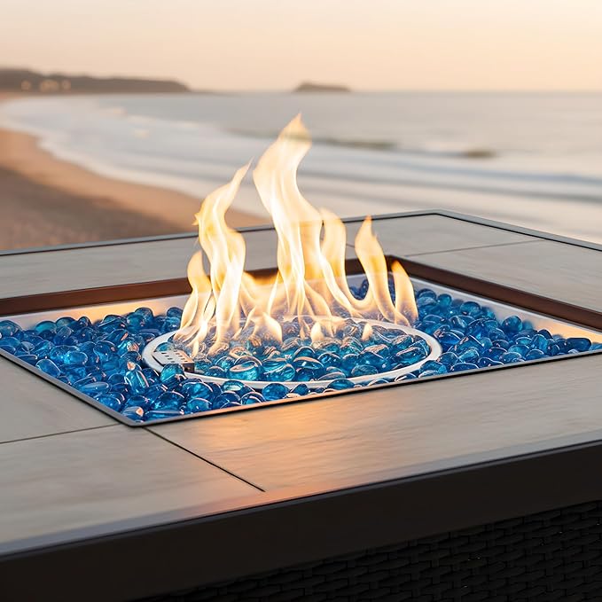 Kinger Home 10-Pound Fire Pit Glass Beads Pebbles Stones Reflective Oval Rocks for Natural or Propane Fire Pit and Landscaping Decorative, Blue