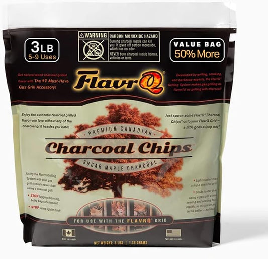 FlavrQ® 3lb Bag of Charcoal Chips - Convert Gas Grill to Charcoal in Seconds - 100% All-Natural and Chemical-Free Canadian Sugar Maple Wood - Cooks Faster and sear Food About 50% Faster