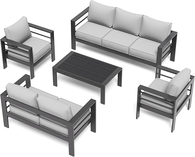 UDPATIO 8 Piece Aluminum Patio Furniture Set, Oversized Modern Outdoor Furniture Set with Olefin Fabric Cushion for Patio Deck Backyard, Grey(with Waterproof Covers)