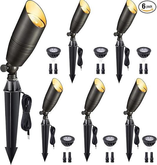 Gardenreet Low Voltage Spot Lights - Solid Brass Landscape Spotlight Wired, 12V Outdoor LED Bullet Uplights, Waterproof Electric Bronze for Patio Wall with 4000K Bright White MR16 Bulb (6 Pack)