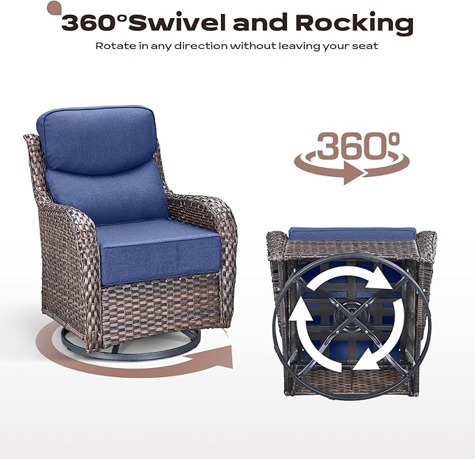 Rilyson Wicker Outdoor Patio Furniture Set - 6 Piece Patio Conversation Sets with Swivel Rocker Chairs, Ottomans, Sofa and Side Table, 6 inch Cushions, Waterproof Wicker, for Porch Deck Brown/Blue