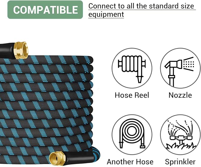Non-Expanding Garden Hose 150ft,flexible, lightweight hose is resistant to kinks and tangles.With 10-way nozzle, strong 3/4” metal fittings.