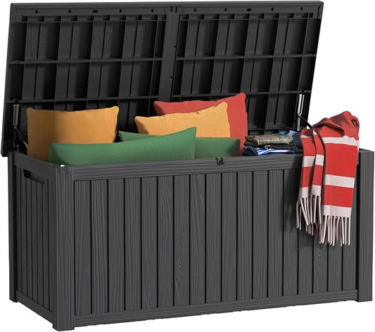 EasyUp 180 Gallon Outdoor Storage Box Waterproof, UV Resistant Resin Deck Box with Hydraulic Rod, Reinforced Stability for Patio, Garden, and Pool, Striped Black