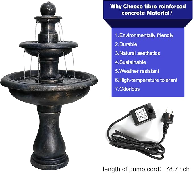 ourrco 45.2” H Outdoor Floor Water Fountain, 3-Tiers Concrete Water Fountain with Submersible Electric Pump - Garden Cascading Waterfall for Yard Patio Lawn Home Decor