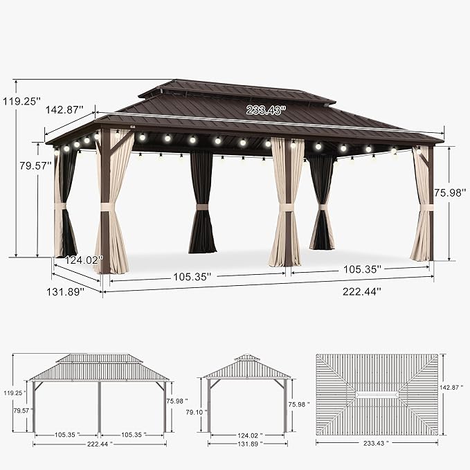 PURPLE LEAF 12’ X 20' Hardtop Gazebo Outdoor Gazebos Metal Frame Galvanized Steel Double Roof with Curtains and Nettings for Patio Desk Backyard Bronze