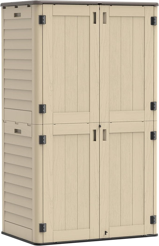 Vertical Outdoor Storage Shed, 60 Cu.Ft Resin Storage Cabinet Waterproof with Lockable Floor, All-Weather Tall Backyard Shed for Patio Furniture, Garage, Garden, Porch (Khaki)