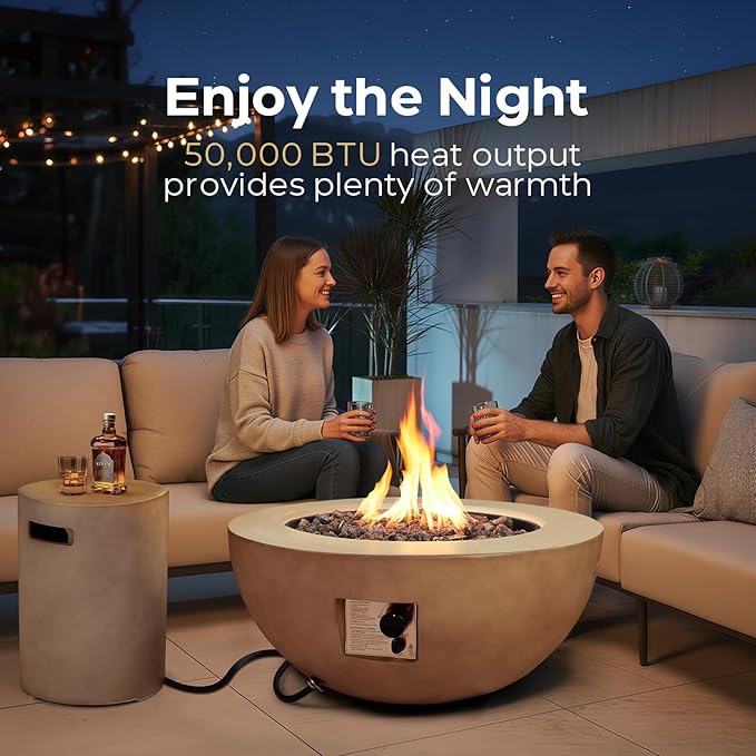 31.5 Inch Outdoor Propane Fire Pit Table w Tank Cover, 2 Pieces Concrete Gas Fire Pit 50,000 BTU Round Burner CSA Certification Fire Bowl with Tank Cover for Outside Patio, Backyard, Deck