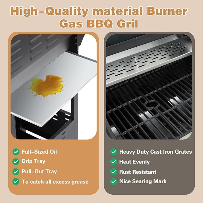 Endark 3-burner propane gas grill | 37,000 BTU stainless steel with side-fire function | with enameled cast iron grate, thermometer and side stand wheels | great for patio and garden outdoor cooking