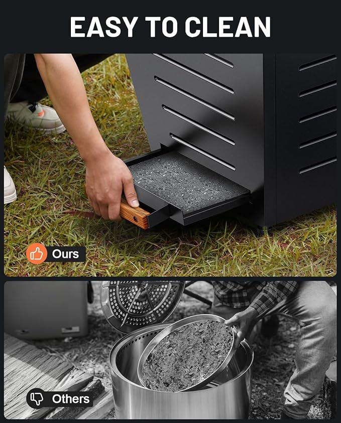 25 Inch Smokeless Fire Pit Stainless Steel Wood Burning Fireplace Portable Outdoor Fire Pit Patio Smokeless Firepit with Pull-Out Ash Tray and Handles, Black