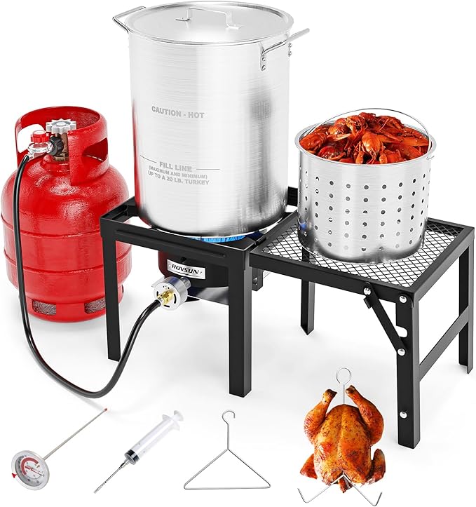 ROVSUN 30QT Turkey Fryer with 54000BTU Propane Gas Stove, Outdoor Aluminum Deep Fryer & Seafood Boiler for Crawfish crab Boiling with Lifting Hook, Turkey Rack, Basket, Marinade Injector, Thermometer