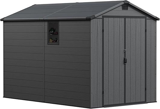 Greesum 6×10FT Plastic Outdoor Storage Shed with Floor, Resin Storaged Sheds with Lockable Double Door, Windows & Vents, All-Weather Tool Sheds for Garden, Backyard, Patio, Dark Gray