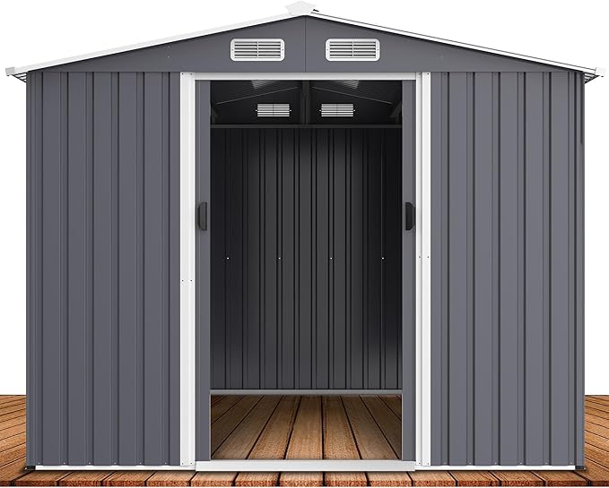 Outdoor Storage Shed 8 x 12 FT Large Metal Tool Sheds, Heavy Duty Storage House with Sliding Doors with Air Vent for Backyard Patio Lawn to Store Bikes, Tools, Lawnmowers Grey