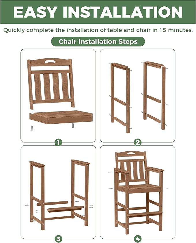 HDPE Outdoor Patio Tall Adirondack Bar Chairs Set of 2, All-Weather Bar Height Balcony Adirondack Stools for Bistro, Garden, Backyard, Pool, Deck | Teak