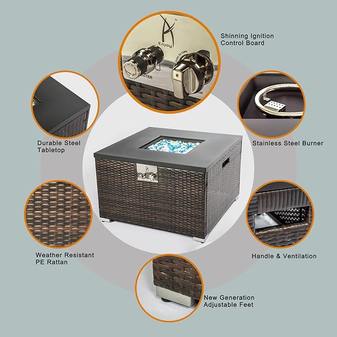32'' Outdoor Low Profile Fire Table, 50,000 BTU Fire Table with Brown Wicker, Painted Steel Tabletop, Mix Color Glass Rocks, Including Lid and Cover, Fits 20lb Tank Outside, Square