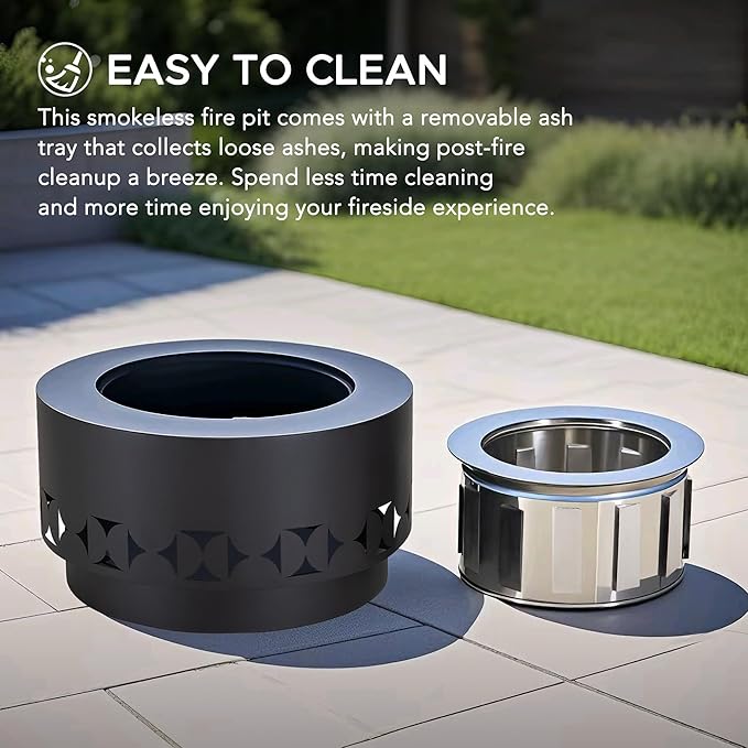 SUNJOY 28 in Round Smokeless Fire Pit with Removable Ash Pan, Outdoor Portable Circular Geometric Wood Burning Fireplace with PVC Cover and Fire Poker,Ideal for Camping, Bonfire, and Backyard, Black