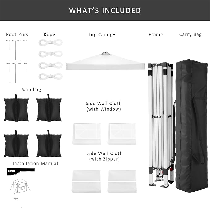 COBIZI Canopy Tent 10x10 Pop Up Outdoor Canopies with 4 Sidewalls Waterproof Commercial Instant Gazebo Tents for Party Patio Backyard with 4 Sandbags, 4 Stakes & 8 Ropes, White
