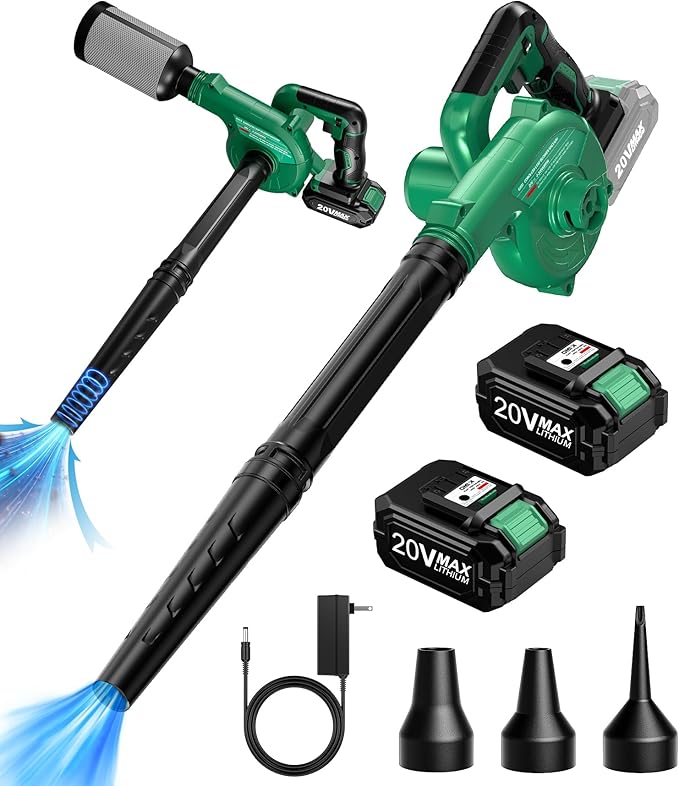 K I M O. Cordless Leaf Blower Vacuum Combo 4 in 1, 3 Nozzles &3 Modes for Inflation & Deflation, Extended Tube & Variable Speed, 20000RPM 150MPH, 2x2000mAh Battery Powered Leaf Blowers for Lawn Care