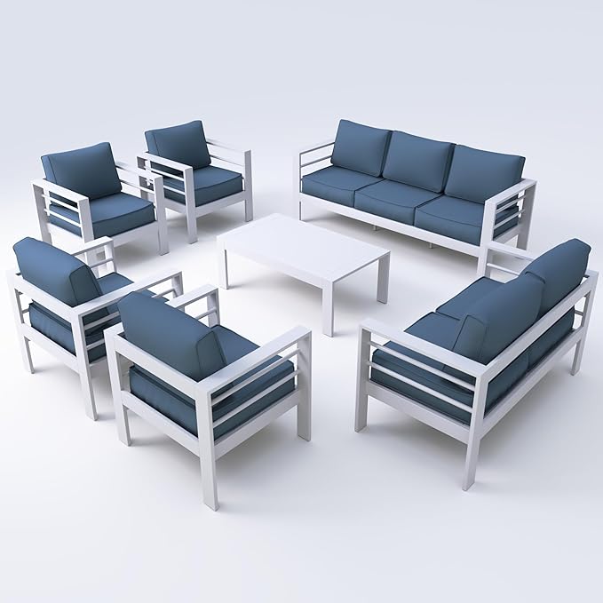 UDPATIO 10 Piece Aluminum Patio Furniture Set, Oversized Modern Outdoor Furniture Set with Olefin Fabric Cushion for Patio Deck Backyard, White/Navy(with Waterproof Covers)