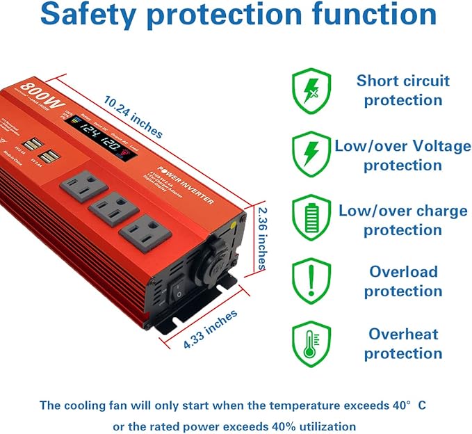 800W Peak 1600W Power inverters for Vehicles,Peak 1600 watt, Car 12V DC to 110V AC Converter 4x2.4A USB Ports Car Charger with 1 Cigarette Lighter Ports,LCD Digital Display