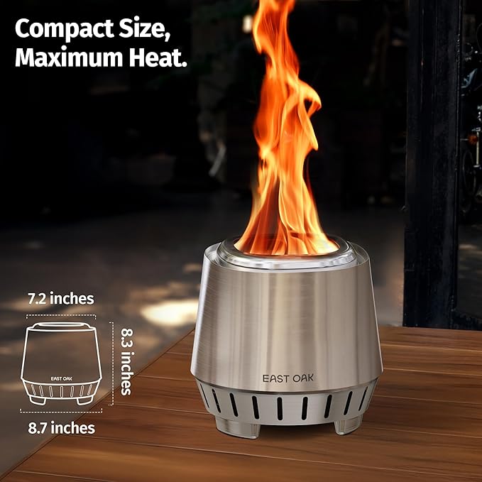 EAST OAK Fuoco Smokeless Tabletop Fire Pit | 3-in-1 Ash Pan | Portable Wood & Pellet Firepit | Stainless Steel | 120% More Efficient Burn | Backyard, Patio & Camping | Easy Ignition & Compact Design
