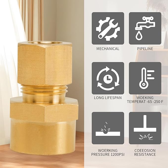 ChillWaves Brass Compression Tube Fitting, 1/2" OD x 1/2" NPT Female Compression Union Connector(5-PACK)