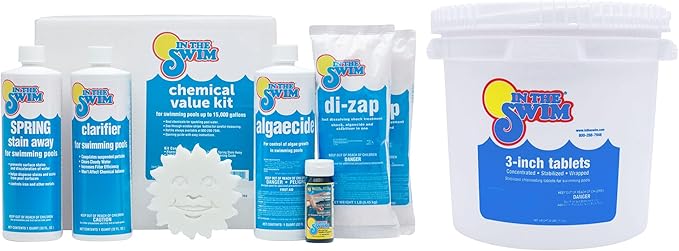 In The Swim Deluxe Chemical Value Kit and Chlorine Bundle - Pre-Measured Kit for Seasonal Maintenance - 25lb Bucket 3-Inch Chlorine Tablets - Inground and Above Ground Pools Up to 15K Gallons