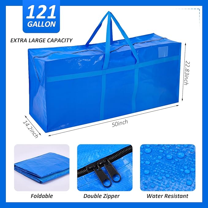 Windyun 4 Pack 121 Gallon Extra Large Storage Bags XXL Moving Bags with Zipper Handles Heavy Duty Jumbo Big Tote Box for Christmas Tree Storage 4, 5, 7.5, 9, 10, 12 ft Skeleton College Dorm(Blue)