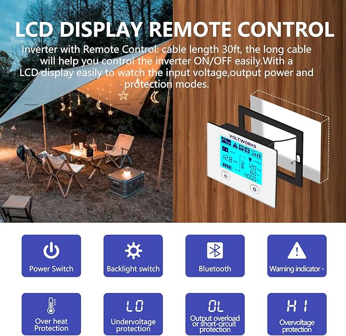 VOLTWORKS 4000W Pure Sine Wave Power Inverters 12V DC to 110V 120V AC with Bluetooth APP 4AC Outlets AC Terminal Blocks Remote Controller Compatible with Lithium Battery for Off-Grid Solar Home RV Car