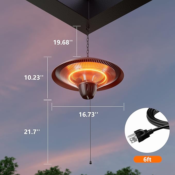 Patio Heater for Outdoor Use 1500W Electric Infrared Hanging Heater, Ceiling Mounted, Waterproof for Porch, Garage, Balcony, Overheat Protection Brown