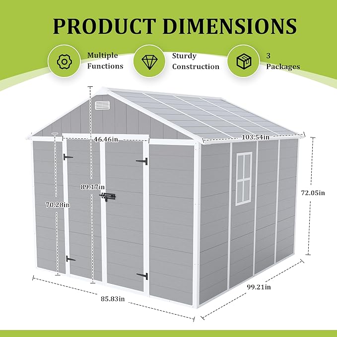 8X8 FT Resin Outdoor Storage Shed, Plastic Garden Sheds with Floor to Store Patio Furniture, Gardening Tools, Outside Patio Storage House with Window &Lockable Door for Backyard, Lawn, Grey