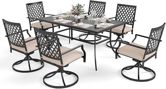 MFSTUDIO Metal Patio Dining Sets for 6 with 6 Metal Mesh Swivel Chairs and 1 Metal Steel Slat Rectangle Table, 7 Piece Outdoor Furniture Set